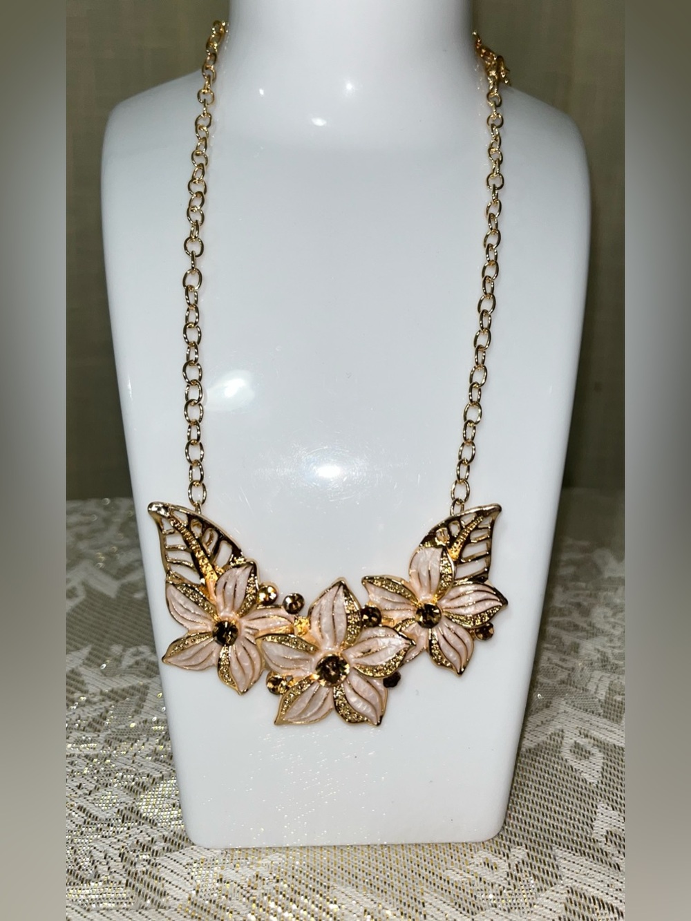 Whimsical Floral Rhinestone Statement Necklace NEW
